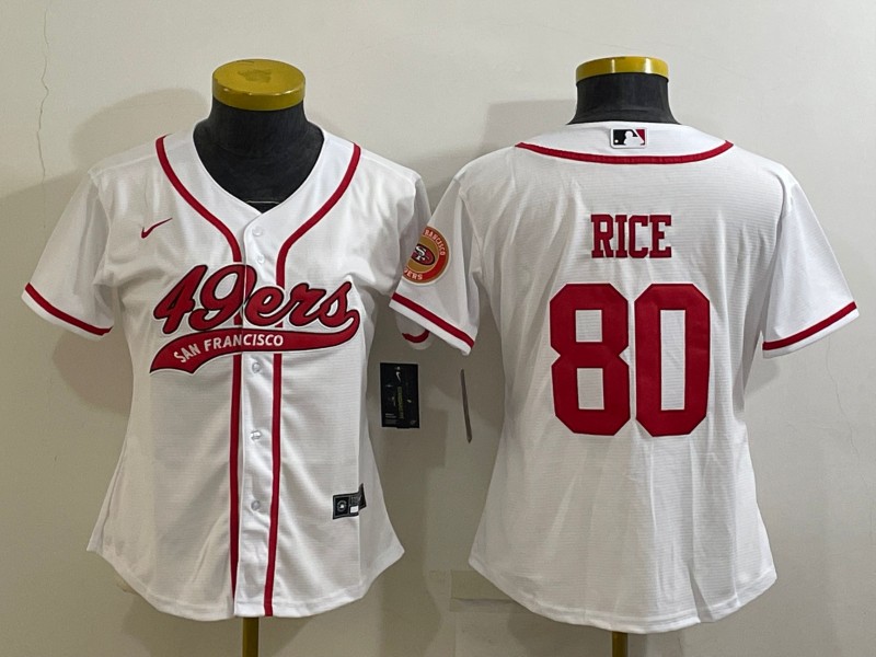 Women's San Francisco 49ers #80 Jerry Rice White With Patch Cool Base Stitched Baseball Jersey(Run Small)